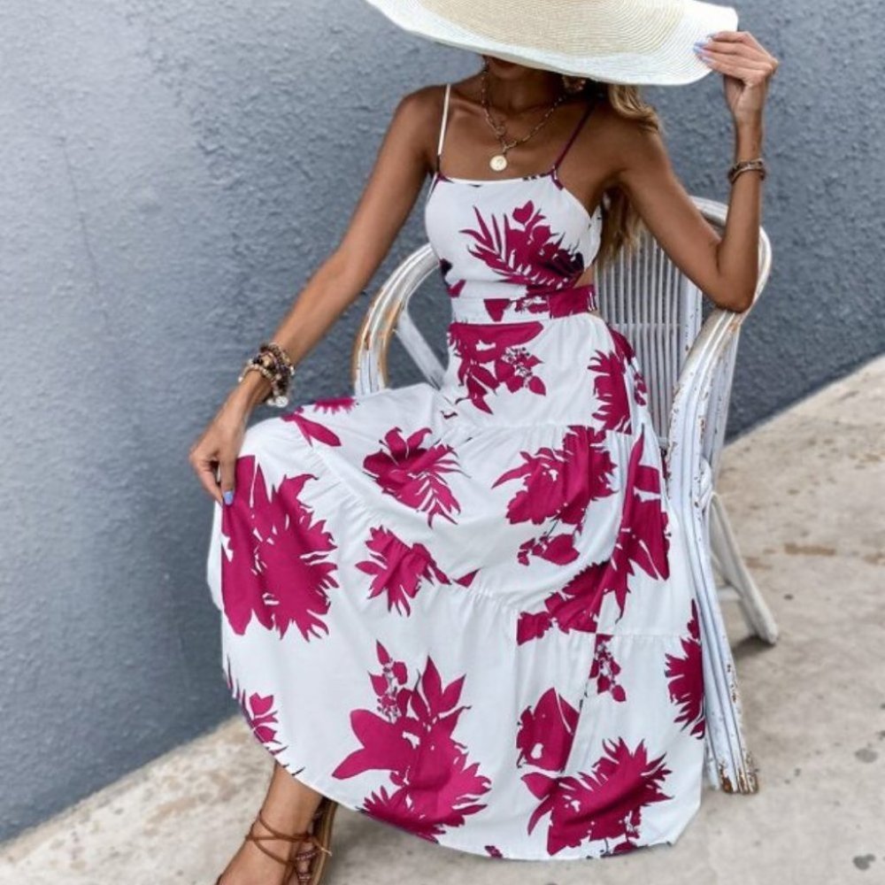 Boho pink white floral tropical print tie back maxi dress